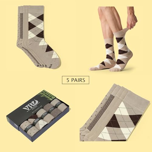 VRD Bamboo Mens Dress Socks for Men, 5 Pack, Assorted Pattern Crew Length Mid-Calf Socks, Mens Shoe Size 8-132