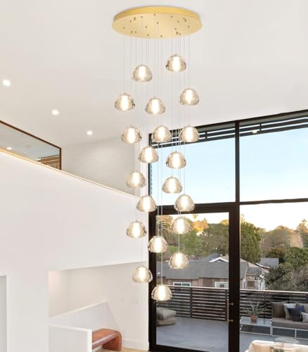 Image of Gold Modern Crystal Chandelier for Staircases 157 inch Long Adjustable Ceiling Light for Entrance 3000K LED Hanging Lighting Living Room Hallway Entryway