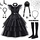 Snarflun Halloween-Kostüm für Mädchen, 8-teilig, Mittwoch Addams, Kleid für Karneval, Party, Halloween, Cosplay,130 cm,140cm (130)