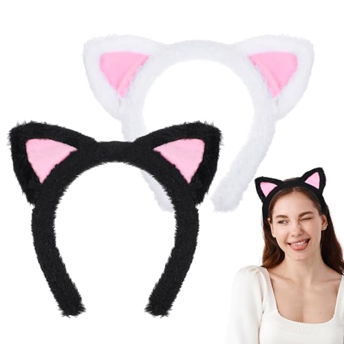 GEEHUA 2 Stück Halloween katzenohren haarreif, weiches Plüsch Katzenohren Haarband süßer flauschiger Katzenohr Haarreif schwarze Haarbänder für Halloween Cosplay Party Kostüm Haar Accessoire