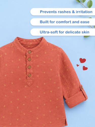 Image of Kidbea Boys Cotton Mandarin Collar Shirt Long Sleeves Short Kurta for Kids