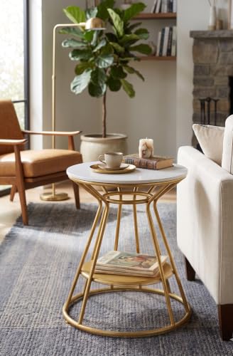 Image of Crown Art Crown Art SHOPPEE Elegant Gold Accent Side Table | Premium Marble Finish Round End Table with Storage Shelf | Modern Coffee Table, Bedside Table, Nightstand for Living Room & Bedroom
