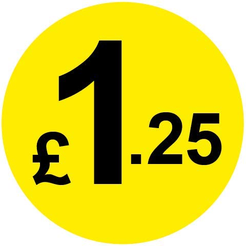 Permanent Adhesive - Black & Yellow 30mm Price Stickers/Labels from 10p to £5.25, 5000, £1.25 — image 1