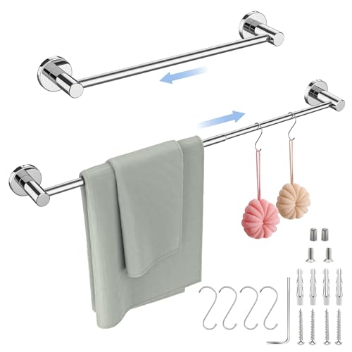 Adjustable Single Bath Towel Bar 16 to 27.6 Inch,ZUEXT Chrome Finished Stainless Steel Towel Holder Hanger,Retractable Wall Mounted Towel Rail for Bathroom Kitchen,1" Tube Towel Rail Rack w/S Hooks
