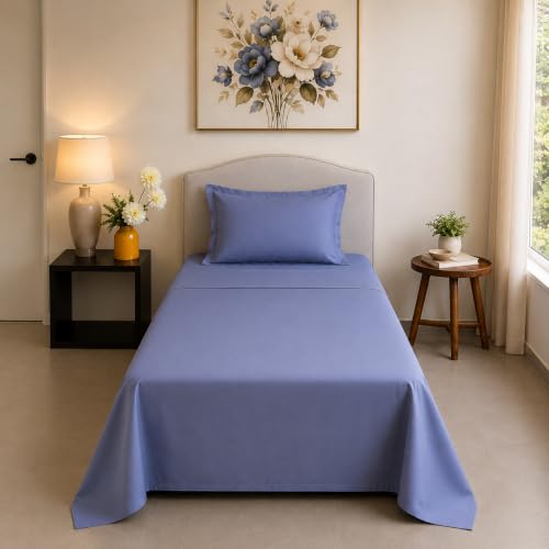 Image of Linen Home Cotton Percale Flat Bedsheet Set Single Size Dark Blue