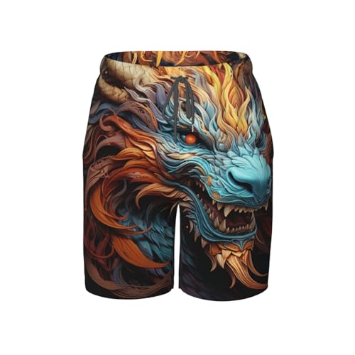 Boys Beach Board Shorts Swim Trunks Quick Dry Swimwear Kids Youth, Fire Dragon Cool Art