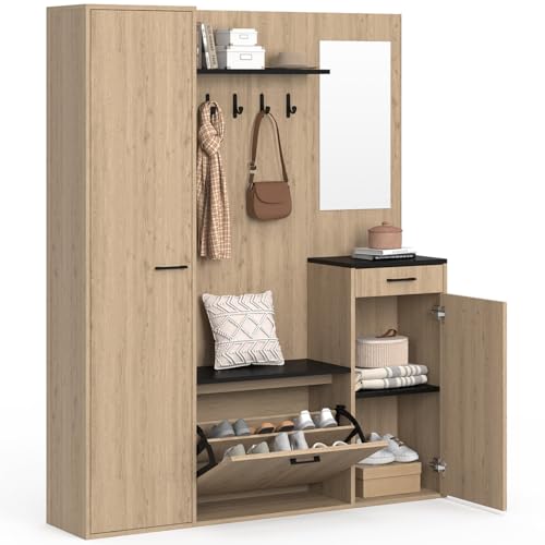 IDMarket - Vestiaire d'entrée Rangement Chaussures avec Miroir et étagères MAHAUT XXL Maxi capacité Effet Bois et Noir