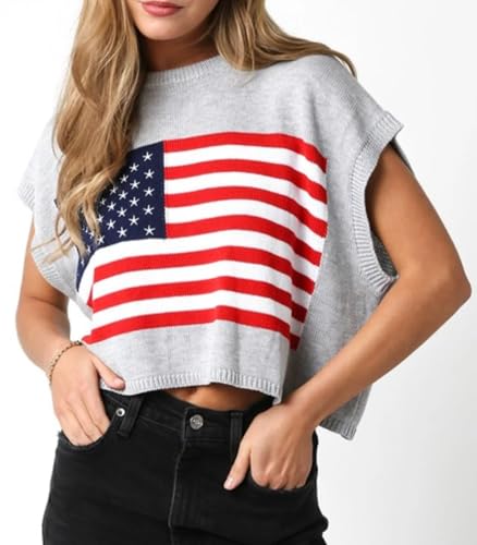 Image of Womens American Flag Sweater Cap Sleeve Summer Crop Tops Crew Neck Loose Fit Knit Sweater Pullover Top