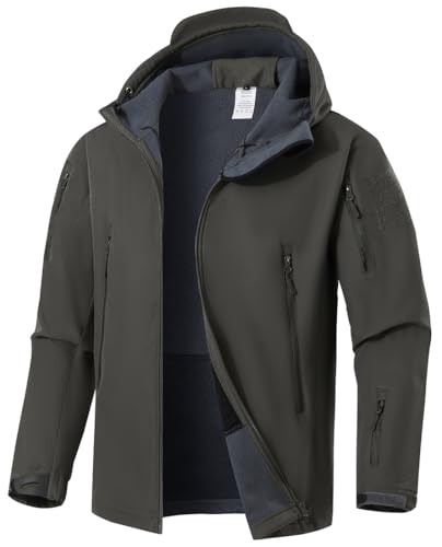 WINKEEY Giacca da Uomo Giacca Softshell con Cappuccio Autunno Invernale Giacca esterna impermeabile e antivento foderata in pile caldo,grigio M