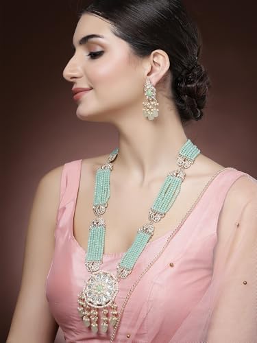 Image of Karatcart Gold Plated Green Crystal and Pearl Studded Kundan Rani-Haar Necklace Set for Women