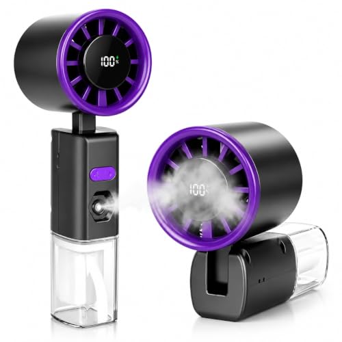 Image of QLECT 2-in-1 Mini AC Portable Fan with Water Mist Spray, 1800mAh Rechargeable Battery, 5 Speed USB Fast Charging Handheld Fan, Foldable Personal Cooling Fan for Travel, Office, Home, Men & Women