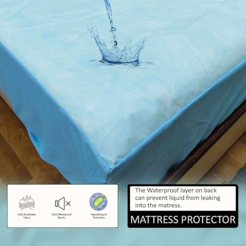 Image of Waterproof Soft Non-Woven Mattress Protector for Bed in Size 78 inchx66 inch |Breathable Elastic Fitted Mattress Cover for 10-Inch Deep Mattresses - Blue