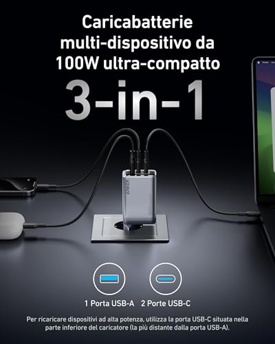 Anker Prime Caricatore USB C 100W GaN, Pieghevole e Compatto, 3 Porte
