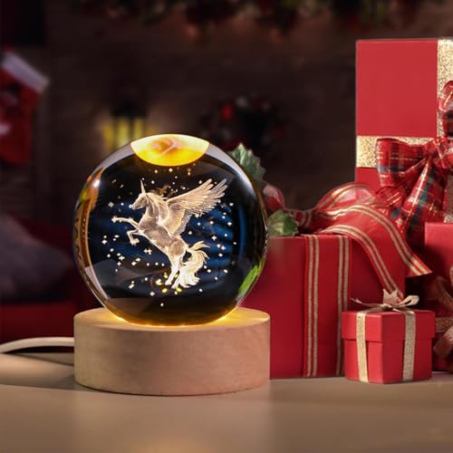 Image of 3D Unicorn Crystal Ball LED Night Lamp with Wooden Base, Warm Light for Bedroom, Kids Room and Home Decor (Unicorn)