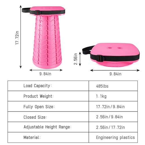 Image of Upgraded Folding Stool - 485lbs Load Capacity,Telescopic Stool,Portable Collapsible Seat for Camping,Fishing,Hiking,Travel (Square-Pink)