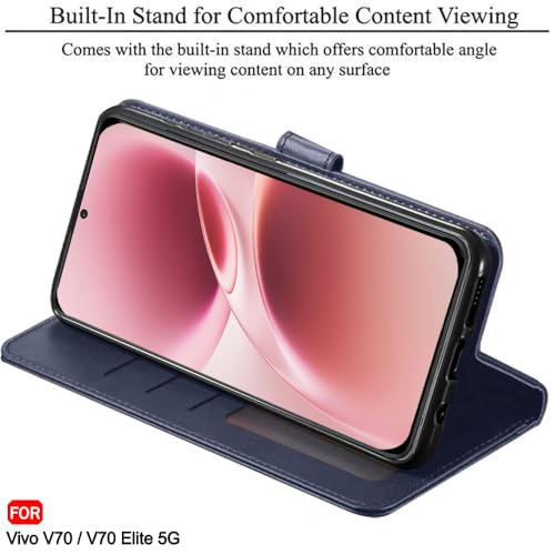 Image of TheGiftKart Genuine Leather Finish Flip Back Cover Case for Vivo V70 5G / V70 Elite 5G | Inbuilt Pockets & Stand | Wallet Style | Designer Button Magnet Flip Back Cover Case (Faux Leather, Blue)