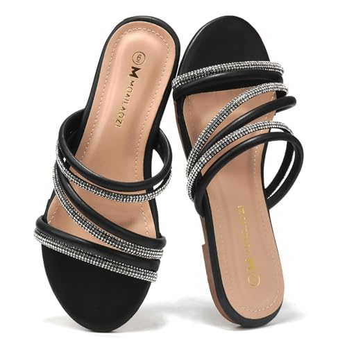 Women's Flat Sandals Rhinestone Strappy Slides With Soft Memory Foam Insole, Beach Leather Slippers Footwear for Summer Vacation