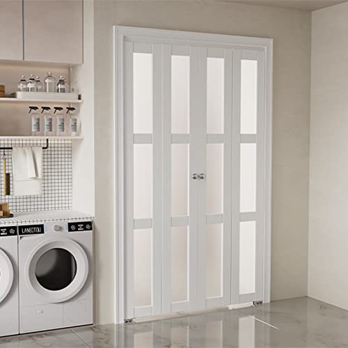 Barner Home Bi-Fold Doors, For 60"X 80" (Double 30" X 80" Doors) Opening, 3-Lite Tempered Frosted Glass Panel, Mdf, White Closet Door #TOP2