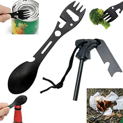 AGJKLD 15 in 1 Camping Utensil Kit Stainless Steel, Flint Fire Starter with Compass, Multifunctional Outdoor Fork Spoon Detachable Tableware Survival Kit, for Hiking Backpacking Picnic Travel