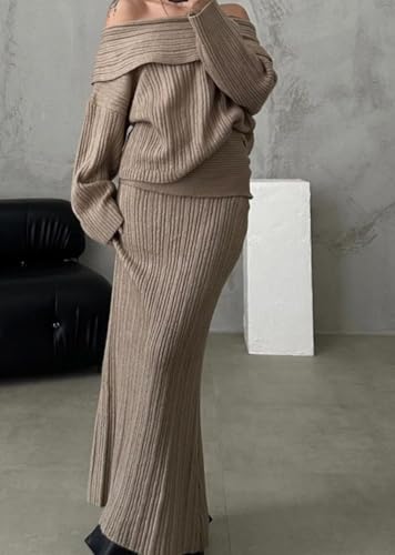 Image of Unybwonn Skirt Sets Women 2 Piece Outfits off the Shoulder Sweater and Knitted Skinny Maxi Skirts Fall Casual Outfits