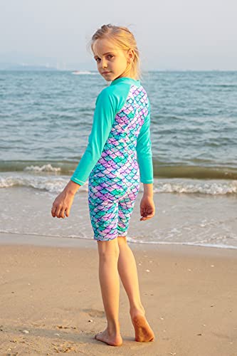 Tfjh E 1Pcs Girls Long Sleeve Swimsuits Kids Rash Guard Bathing Suit Zip Uv 50+ Fish Scale Cyan 128/134 #TOP2