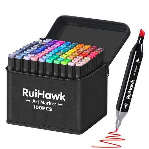 RuiHawk Filzstifte Marker Set 100 Farben Alkohol Marker mit Feinspitze & Breitspitze 2-Sekunden Schnelltrocknend Alkohol Stifte mit Anti-Seepage Abstandshaltern für Malerei Design