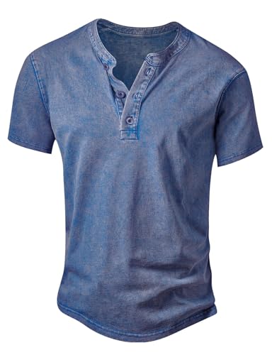 Anelune Men's Distressed Henley Shirts Vintage Short Sleeve T-Shirt Washed Cotton Casual V-Neck Button Tee Tops Blue XL