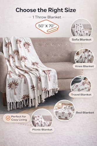 Image of Hand Block Printed Cotton Jute Sofa Throw Blanket 50x70 Inches Soft Lightweight Decorative Couch Coverlet with Tassels Boho Living Room & Bed Cover (Palm Tree Design, Off White & Brown)
