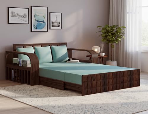 Image of APRODZ Solid Sheesham Wood Sofa Cum Bed 3 Seater Velevt Fabric with Cushions Perfect Sofa Furniture for Home Living Office Room and Guests (Walnut Finish 75x69x30-Inch)