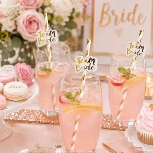 Image of Wanna Party Team Bride Straws Set of 10 | White & Gold Paper Straws with Team Bride Tags | Bachelorette Party Decorations, Bridal Shower Accessories, Hen Party Drink Straws
