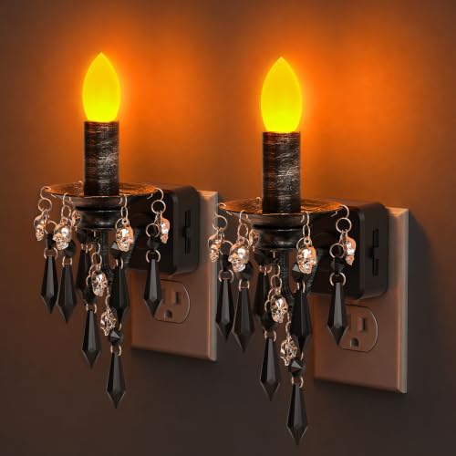 Image of Briignite Halloween Chandelier Night Light Plug in, Dusk to Dawn, Gothic | Dimmable Brightness Night Lights Plug into Wall, Amber Warm Glow, Skull Candlestick, Bathroom Bedroom Hallway Halloween Decor