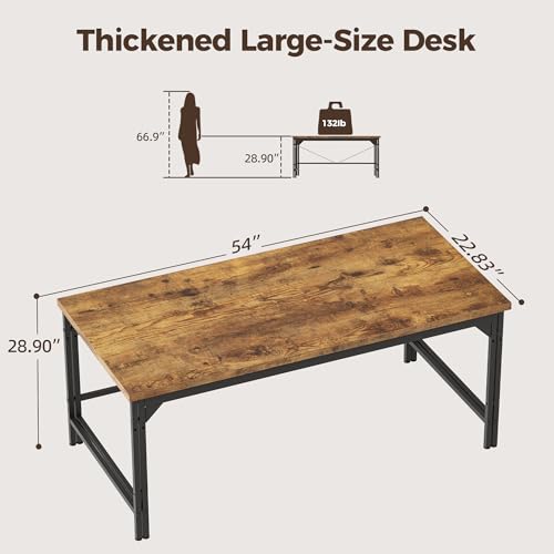 Image of Mericonia 54 Inch Computer Desk, 1 inch Thick Large Office Table, Brown | Modern Simple Style, Heavy Duty Industrial Frame, Study & Writing Table for Home Bedroom Work