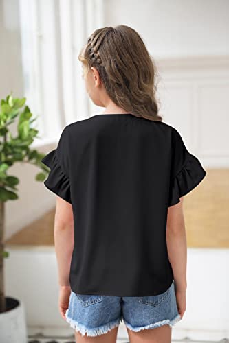 Girls Short Sleeve Shirts V Neck Ruffle Tie Front Knot Tops Button Cute Tunic Shirts Blouse Black #TOP4