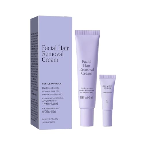 Facial Hair Removal Cream for Women, Ladies Body and Face Hair Remover Cream for Sensitive Skin, Upper Lip, Chin & Cheeks + Calming Serum, 8-Minute Fast Acting Gentle Painless Depilatory Creams kit