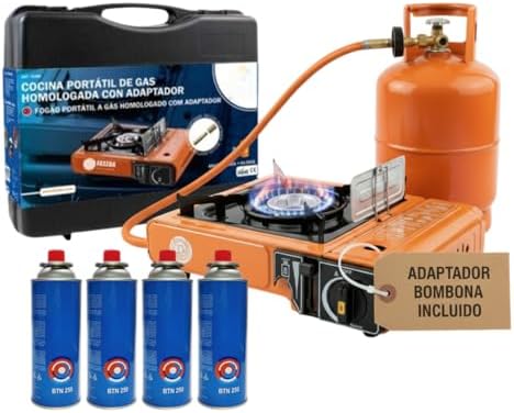 Camping Gas Portatil con Adaptador de Bombona, Pack Hornillo + 4 ...