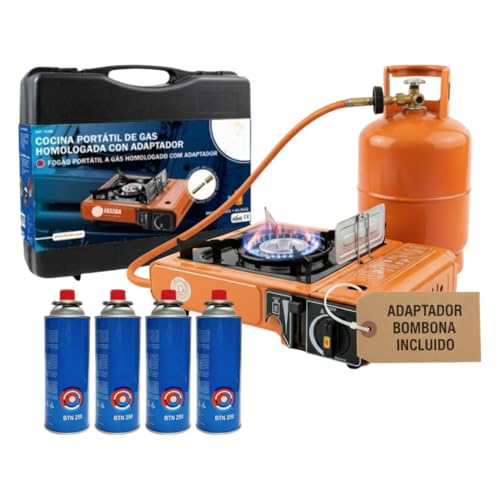 Camping Gas Portatil con Adaptador de Bombona, Pack Hornillo + 4 Cartuchos, Hornillo Camping Gas Portátil, Cocinal, Infernillo, Fogareiro (Horno+Adaptador bombona+4Botellas)
