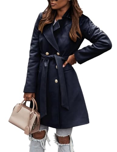 IDEALSANXUN Damen Wollmantel Herbst Winter Zweireihiger Trenchcoat mit Gürtel, Marineblau, Medium