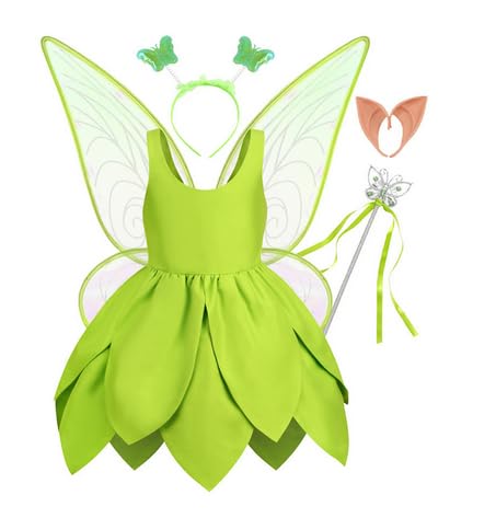Nsywmzy Halloween Fairy Costume Dress For Girls Princess Tutu Dresses Skirt Butterfly Wing Wand Hair Hoop Birthday Party Gift (Green 5 Pieces Set, 4-5 Years)