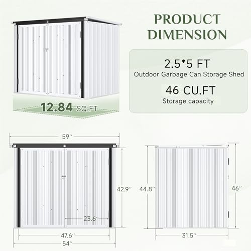 Image of AECOJOY Outdoor Trash Can Storage Shed, 46 Cu.Ft Metal Garbage Bin Enclosure with Lift-Up Lid & Gas Strut, Waterproof Outdoor Garbage Can Organizer, Bike Shed Backyard Patio Garden, White