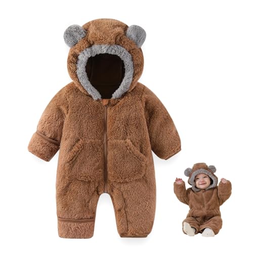Image of AiWMGL Newborn Baby Bear Outfit Suit With Fold-Over Mittens Footies Girls Boys Winter Fleece Clothes Hooded Romper Snowsuit