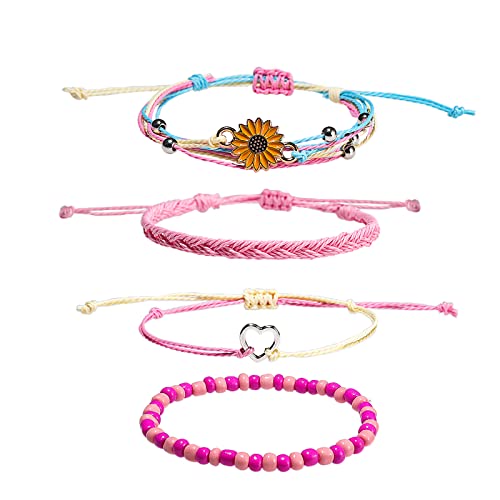 Colorful Bling 4-Piece Summer Surf Anklet Bracelet Adjustable Chain Braided Rope Bracelet Sunflower Heart Beads Friendship Bracelet Beach Surf Jewelry Girl-B Pink #TOP7