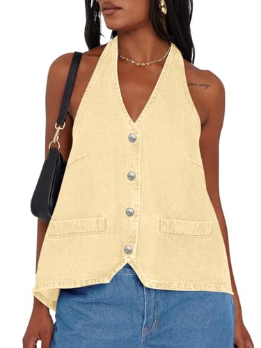 Image of Tankaneo Womens Halter Denim Vest Tops Summer Sleeveless Open Back Y2K Going Out Jean Tank Tops V Neck Button Up Waistcoat