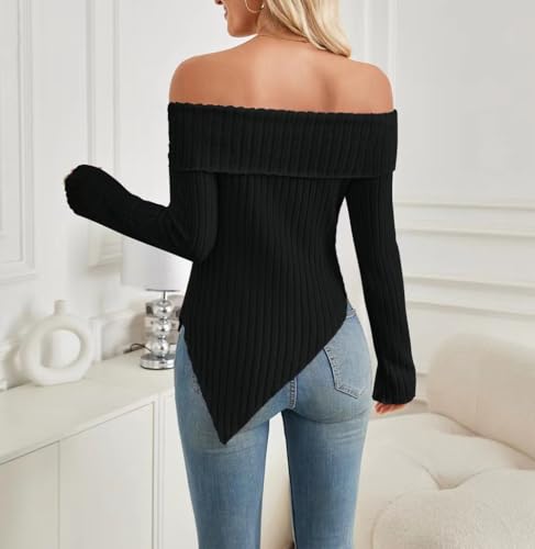 Sumleno Womens Cute Bow Off Shoulder Knitted Sweater Shirt Tops Sexy Side Slit Pullover Trendy Y2k Aesthetic Clothes4