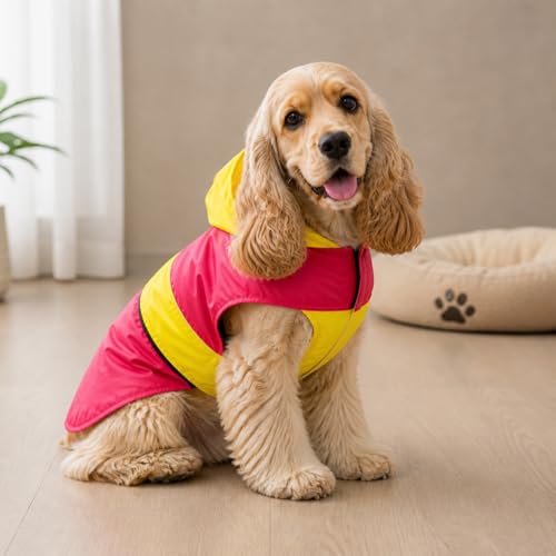 Image of Waterproof Dog Raincoat with Hood | Double Coloured Red-Yellow | Adjustable Velcro | Extra Coverage | Easy to Carry Pouch | for Small, Medium and Large Breed Dogs (Mini Adult (3XL))