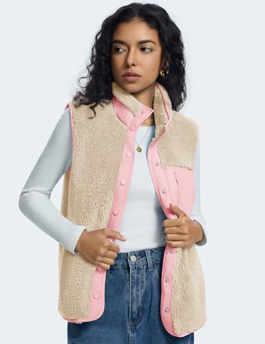 Kistore Fellweste Damen Teddy-Fleece Casual Leicht Stehkragen Lang Weste Outdoor Reißverschluss Gilets Damenweste(Apricot Rosa,XL)