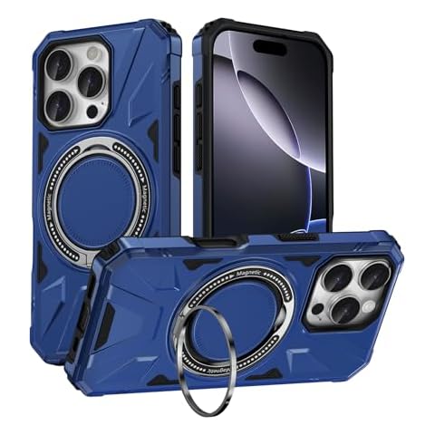 iPhone 16 Pro Max Case with 360° Spin Magnetic Stand Ring Holder, Fit for Mag-Safe, 16FT Mil-Grade Shockproof Dropproof Tough Rugged Protective Case Cover for iPhone 16 Pro Max (6.9 inch), Navy Blue Cover