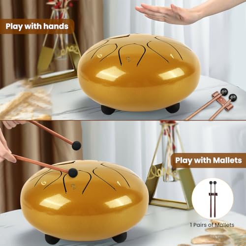 Image of HASTHIP 6-inch Steel Tongue Drum 8 Note, Percussion Instrument Handpan Drum with Bag, Music Book and Mallets for Kids and Adults Meditation Musical Education Concert Mind Healing Yoga (Gold)
