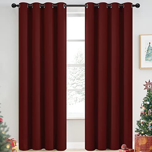 Yakamok Blackout Curtains for Bedroom, Thermal Insulated Blackout Window Curtains with Grommet Top for Living Room- Burgundy Red- 52W x 84L -2 Panels