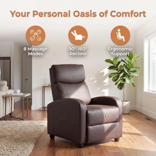 Image of Manual Massage Recliner Chair, Oversized Lazy Boy Reclining Sofa with 8 Massage Modes, Adjustable Backrest & Extended Footrest, Ergonomic Single Recliner Couch for Living Room, Bedroom, Brown