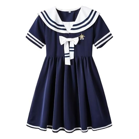 SHOOYING Girls Short Sleeve Preppy Style Sailor Uniform Dress Back to School Summer Kids Dress,Navy Blue,Size 9-10 Years/Tag 150 Cover